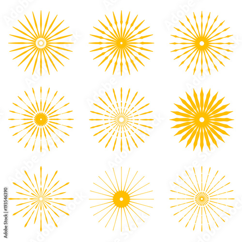 Big set of Retro Sun burst shapes. Vintage logo, labels, badges. Vector design element isolated. Minimal gold firework burst