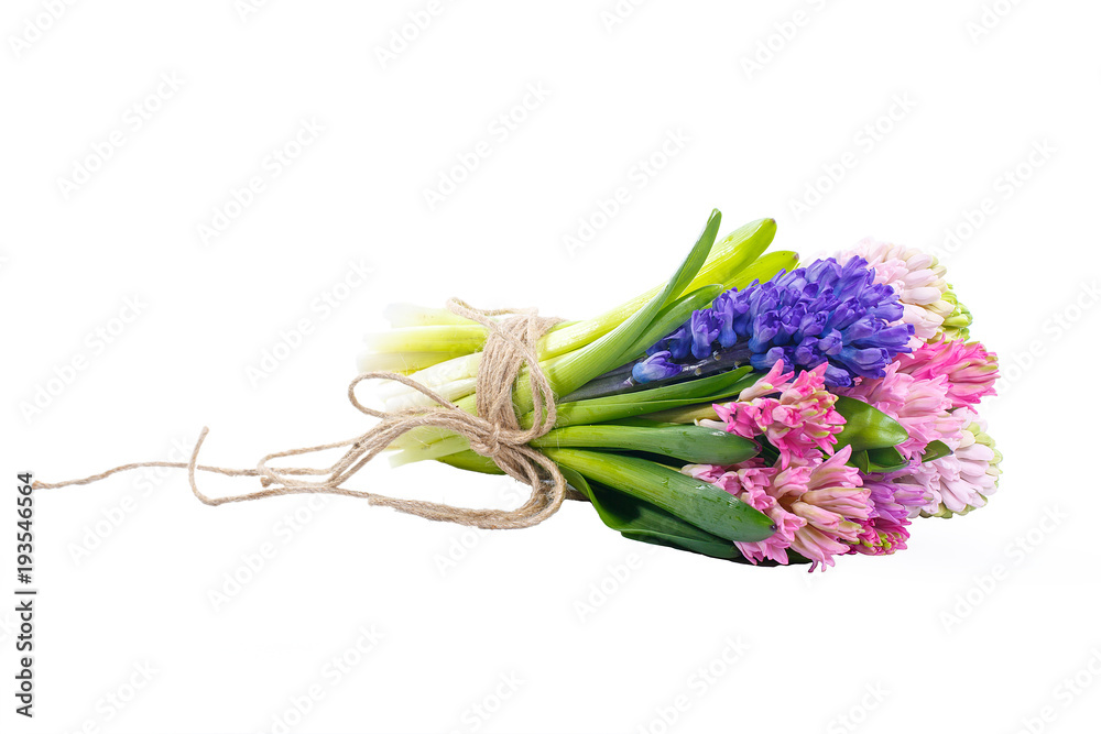 Obraz premium Lilac, blue, pink, raspberry hyacinths in a small, low bouquet, tied with a rope. A holiday, a gift for a woman. Smart. Side view. Isolated