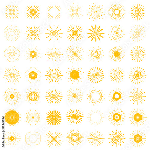 Big set of Retro Sun burst shapes. 49 Vintage logo, labels, badges. Vector design element isolated. Minimal gold firework burst.