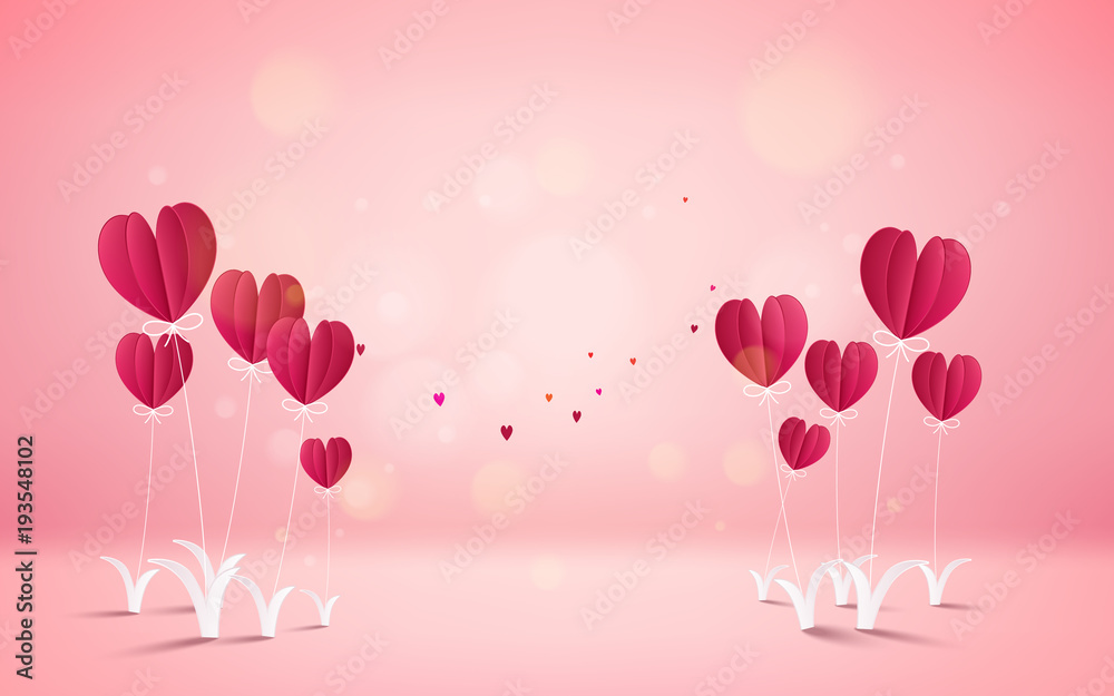 illustration of love and valentine day,Hot air balloon flying over grass with heart float and cloud .paper art style
