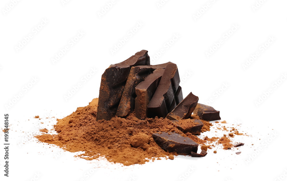 Fototapeta premium Chocolate bars with cocoa powder isolated on white background