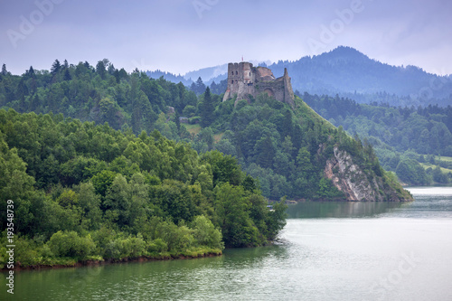 Medieval Czorsztyn castle at the lake in Poland