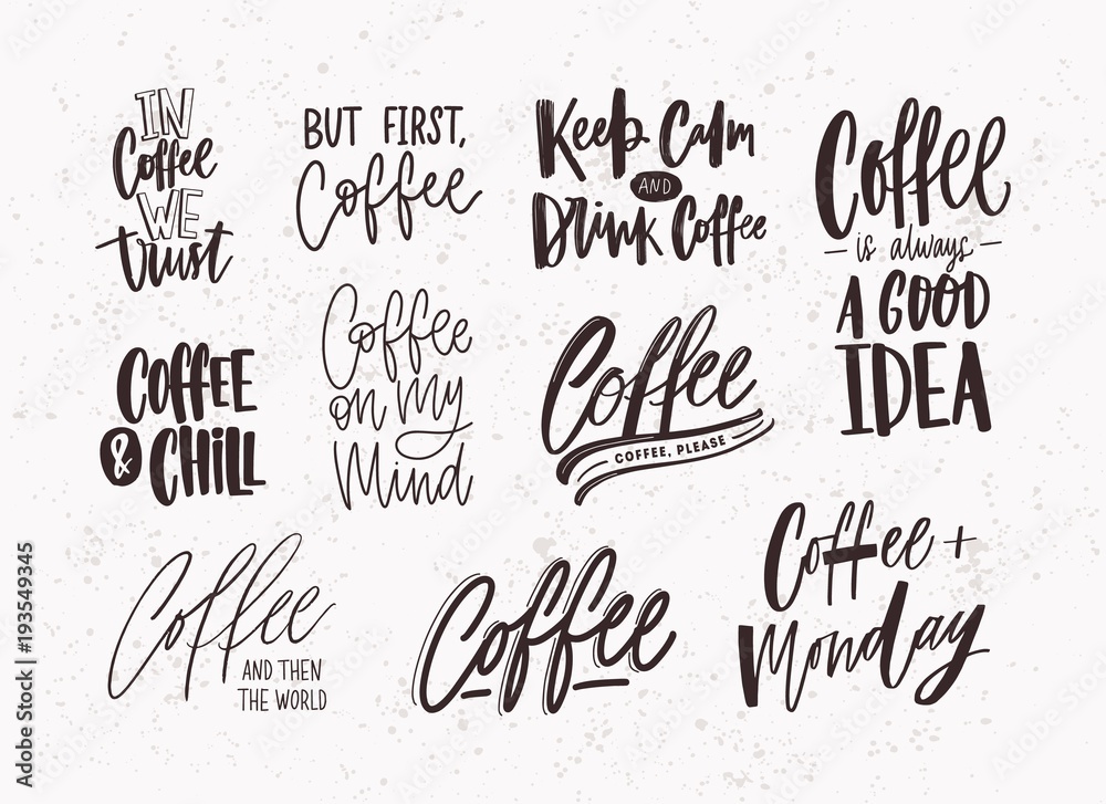 Set of coffee lettering isolated on light background. Collection of quotes and phrases handwritten with various calligraphic fonts. Bundle of written elements or inscriptions. Vector illustration.