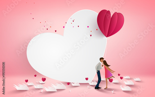 A couple kissing on white heart background with heart flower. Love concept, Valentine's day background. Wallpaper, flyers, invitation, posters, brochure, banners