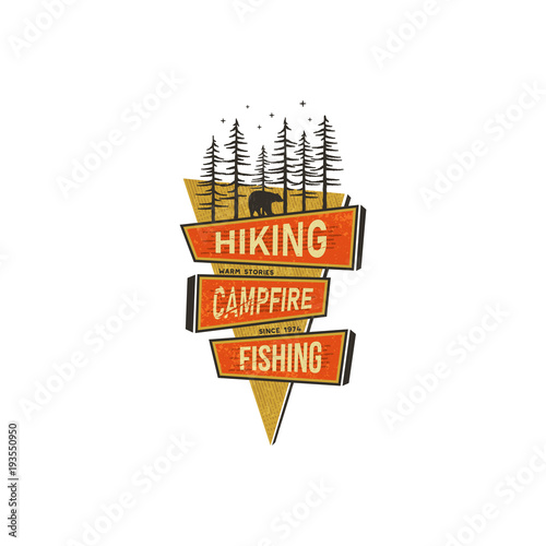 Vintage hand drawn travel badge design. Camping, hiking travel badge design concept in 70s style with signs - hiking, campfire, fishing. Retro colors. Stock vector sticker isolated on white background
