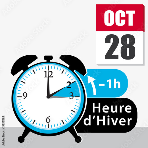 Nuit du 27 au 28 octobre 2018. passage à l'heure d'hiver. Illustration vectorielle avec réveil et date du calendrier. Fond gris clair.