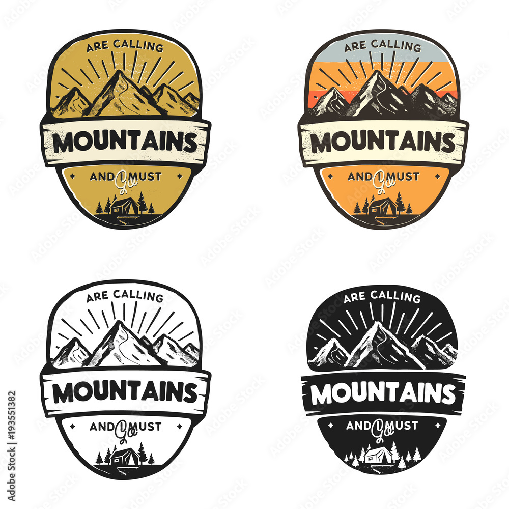 Travel logo design concepts. Monochrome, retro colors, line, silhouette styles. Mountain adventure badge, travel logo template. Camping patch, prints. Stock vector label isolated