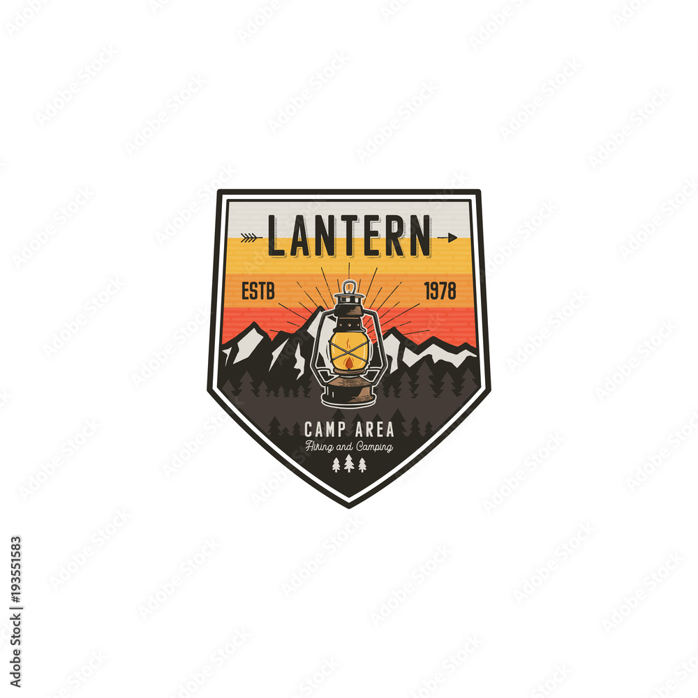 Camping and hiking vintage badge. Mountain explorer label. Outdoor adventure logo design with lantern. Travel and hipster vintage badge. Wilderness camping emblem. Hiking, backpack. Stock vector
