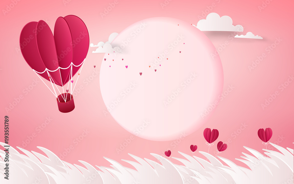 illustration of love and valentine day,Hot air balloon flying over cloudy with the sun  on the sky.paper art style