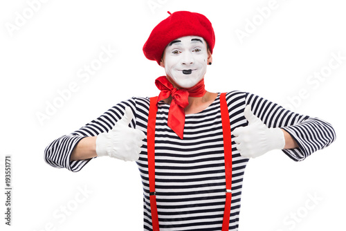 happy mime showing thumbs up isolated on white