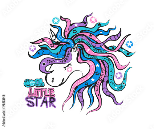 Wallpaper Mural Vector illustration with a unicorn. Cool Little star typography for print design, slogan graphics for t-shirts. Head portrait horse for a children's party. Hand drawing, texture. Torontodigital.ca