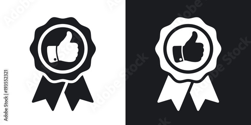 Vector badge with thumbs up icon. Two-tone version on black and white background