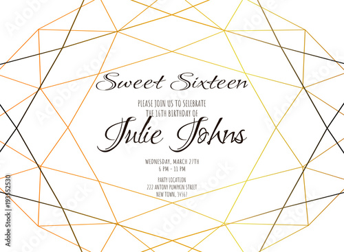 Simple template for wedding or birthday invitation, brochure, poster or business card. Gold diamond shape on white background.