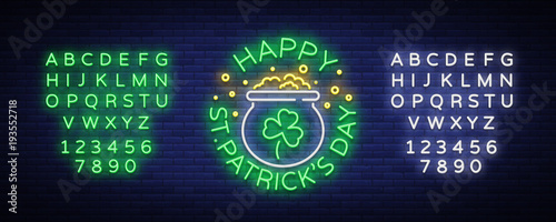 Happy St. Patrick's Day Vector Illustration in Neon Style. Neon sign, greeting card, postcard, neon banner, bright advertising, flyer. Invitation to celebrate St Patricks Day. Editing text neon sign