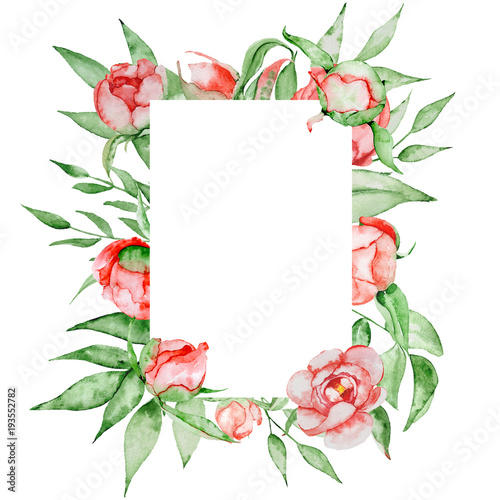 Romantic frame with flowers Card template. Watercolor peonies with green leaves on the white background. Hand drawn illustration.