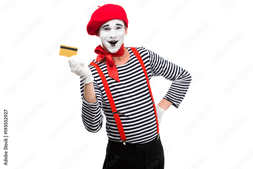 happy mime showing credit card isolated on white happy mime showing credit card isolated on white