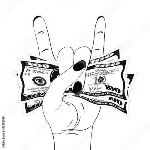 Heavy metal hand gesture with clutched currency USA. Rock-n-roll sign with crumpled money on white background. Hand with several of bill one hundred dollars. Vector illustration.