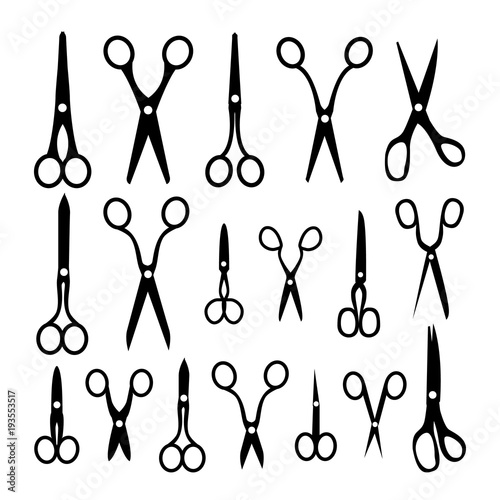 Scissor Icon Set Vector. Different Types. Opened And Closed. Hairdressing. Hair. Isolated Flat illustration