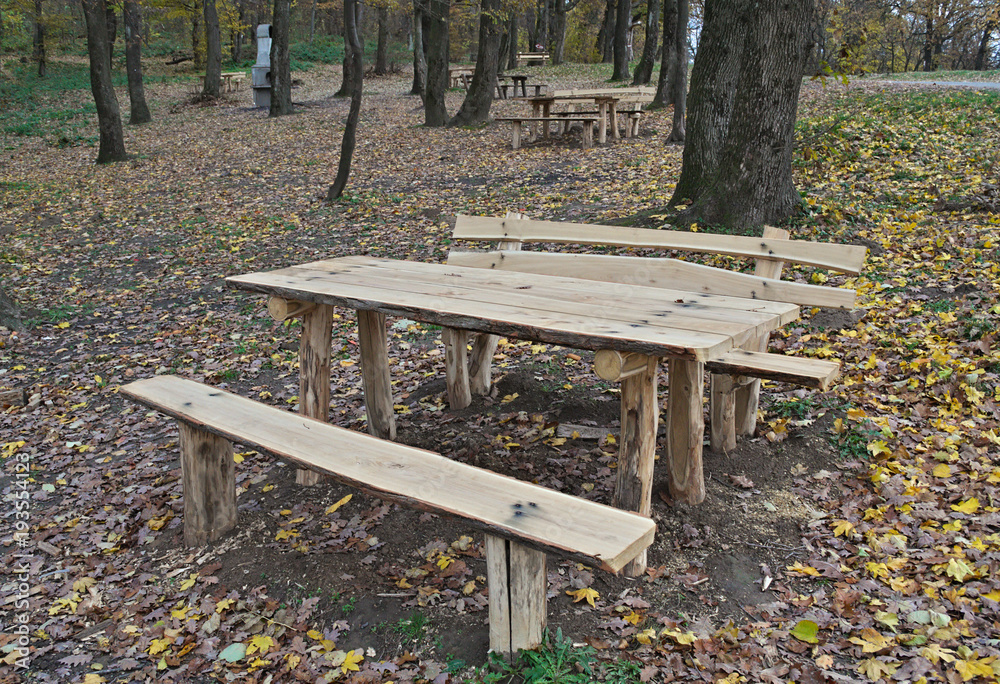 Picnic area with wooden benches and table in the middle of forest Picnic area with wooden benches and table in the middle of forest