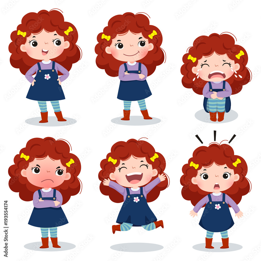 Cute curly red hair girl showing different emotions