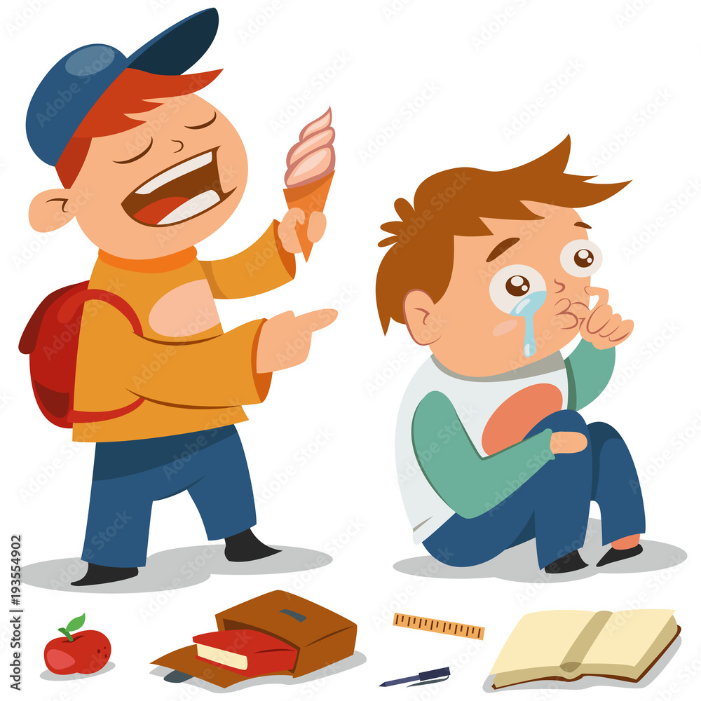 Bullying vector cartoon illustration. Teen with ice cream offends a boy who  cries. Demonstration of school teenage bully and aggression towards other  child. Stock Vector | Adobe Stock