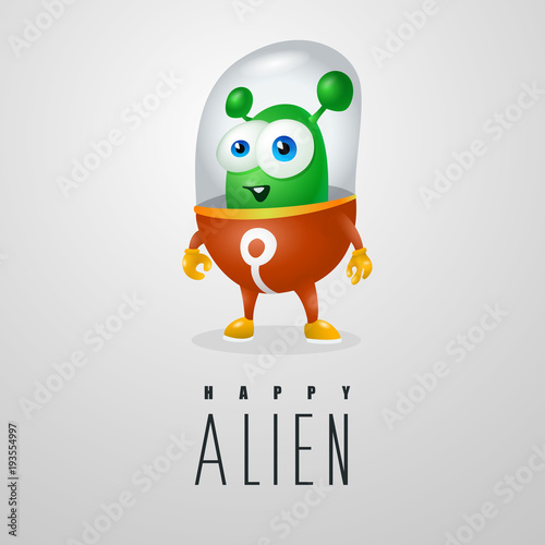 funny cartoon alien in the space suit, a friendly green Martian, character for the company in the modern 3D style