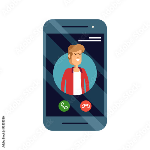 Incoming call concept vector illustration with mobile phone with mal caller ID on screen and accept or decline buttons.