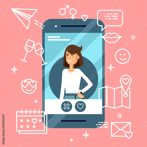 Cool flat vector concept on online application dating user. Phone with dating web site female profile on display with various icons around