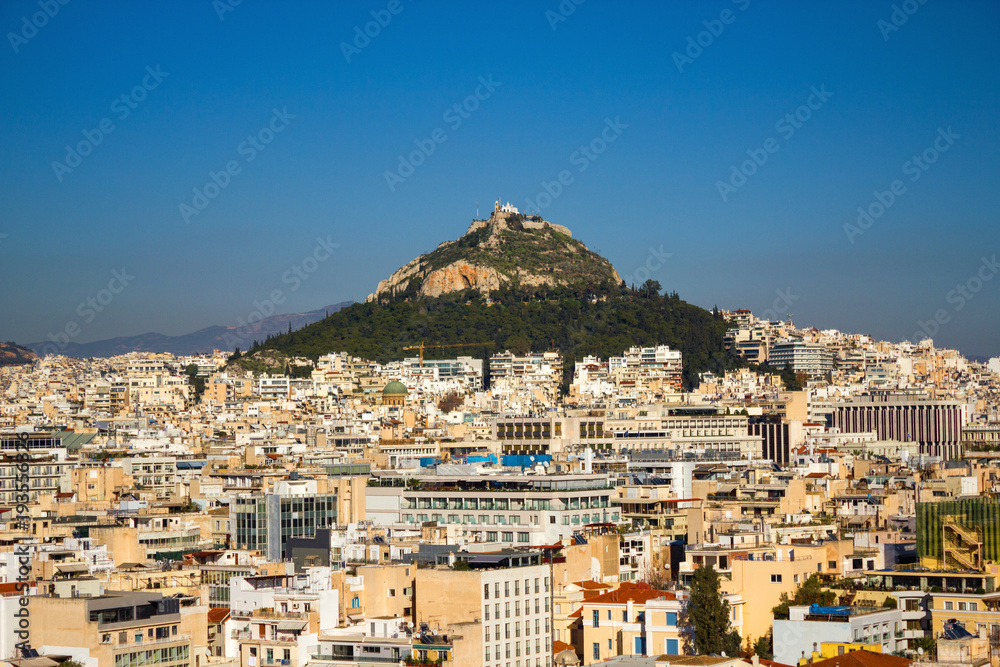 Panoramic view of Athens with Lycabettus hill in the background.
