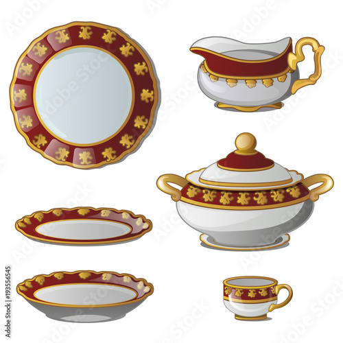 Ancient decorative set of dishes. Collection of plates, tureens, cups and a jug for cream. Vector illustration isolated on white background photo