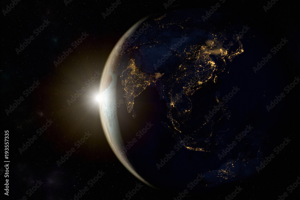 3D rendering of a sunrise on earth from space - obrazy, fototapety, plakaty 