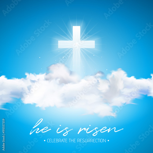 Easter Holiday illustration with cross and cloud on blue sky background. He is risen. Vector Christian religious design for resurrection celebrate theme.