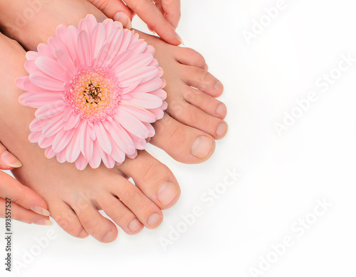 Woman pure clean feet without pedicure and gerbera flower in corner aspect isolated on white. Not polished blank natural nails. Healthy neet skin. © mantia82
