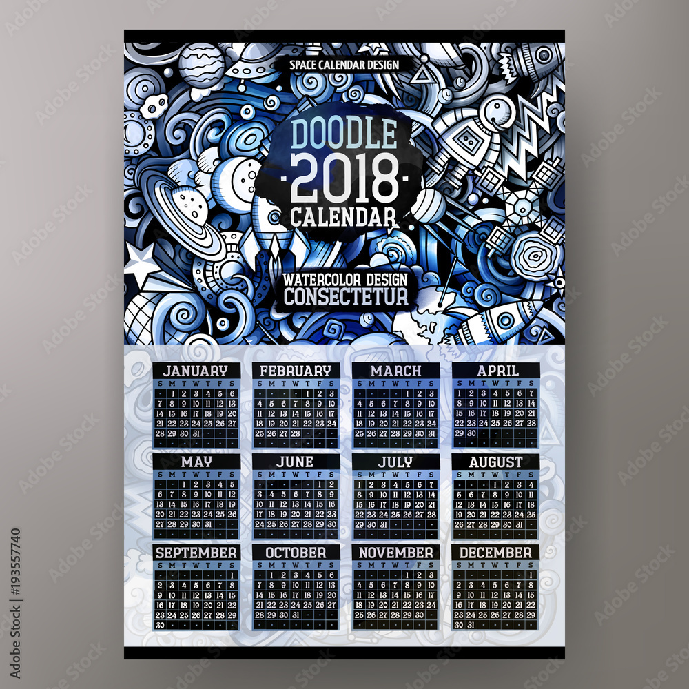 Cartoon colorful hand drawn doodles Space 2018 year calendar