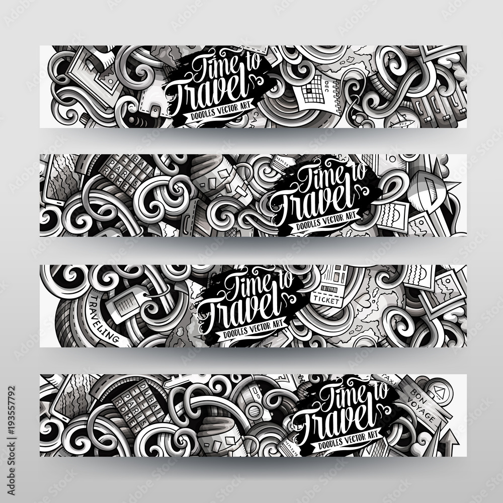 Fototapeta premium Cartoon graphics vector hand drawn doodles Travel banners design.