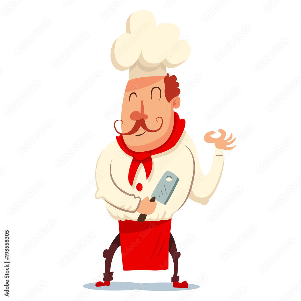 Cute chef in hat cartoon character. Cook with a knife in traditional uniform. Vector illustration of people of different professions isolated on white background. Cute chef in hat cartoon character. Cook with a knife in traditional uniform. Vector illustration of people of different professions isolated on white background.