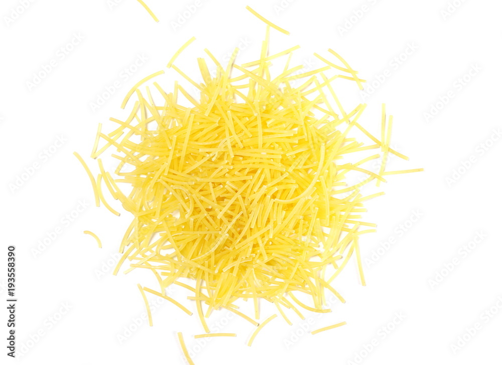 Raw pasta, dry soup noodles, isolated on white background, top view Raw pasta, dry soup noodles, isolated on white background, top view