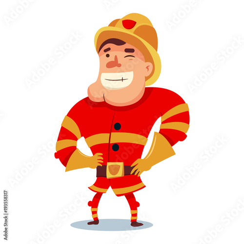 Cute fireman in helmet cartoon character. Firefighter in traditional uniform. Vector illustration people of different professions isolated on white background.