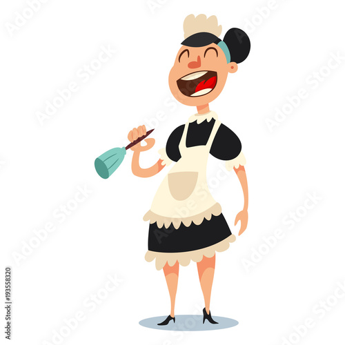 Cute maid cartoon character. Woman chambermaid in traditional uniform. Vector illustration people of different professions isolated on white background.