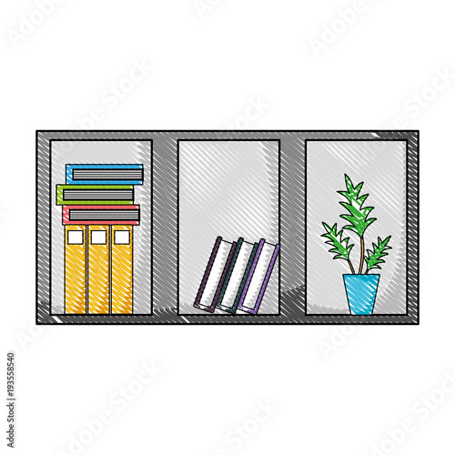 grated office wood shelf with books and plant