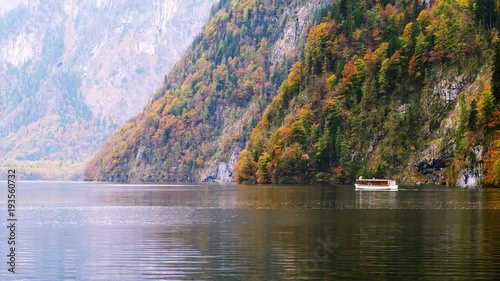 Konigssee lake with mountains and boat, Germany