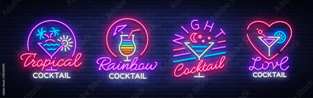 Cocktail collection logos in neon style. Collection of neon signs, Design template on the theme of drinks, alcoholic beverages. Bright advertising for cocktail bar, party, club. Vector illustration - obrazy, fototapety, plakaty 