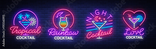 Cocktail collection logos in neon style. Collection of neon signs, Design template on the theme of drinks, alcoholic beverages. Bright advertising for cocktail bar, party, club. Vector illustration
