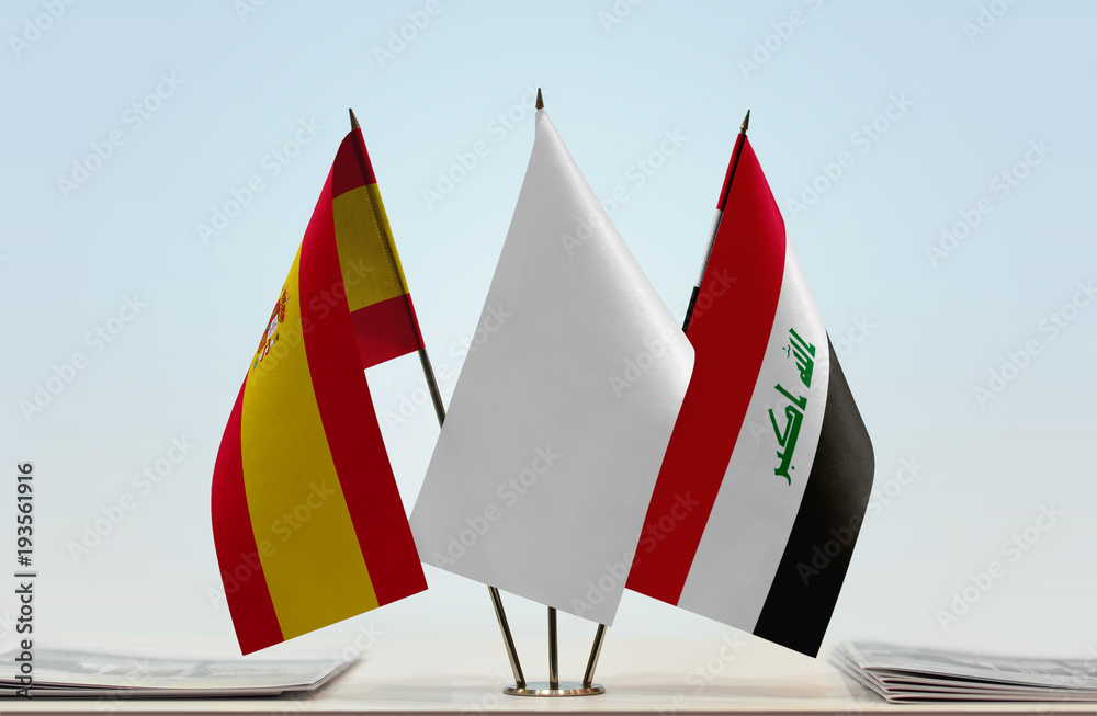 Flags of Spain and Iraq with a white flag in the middle