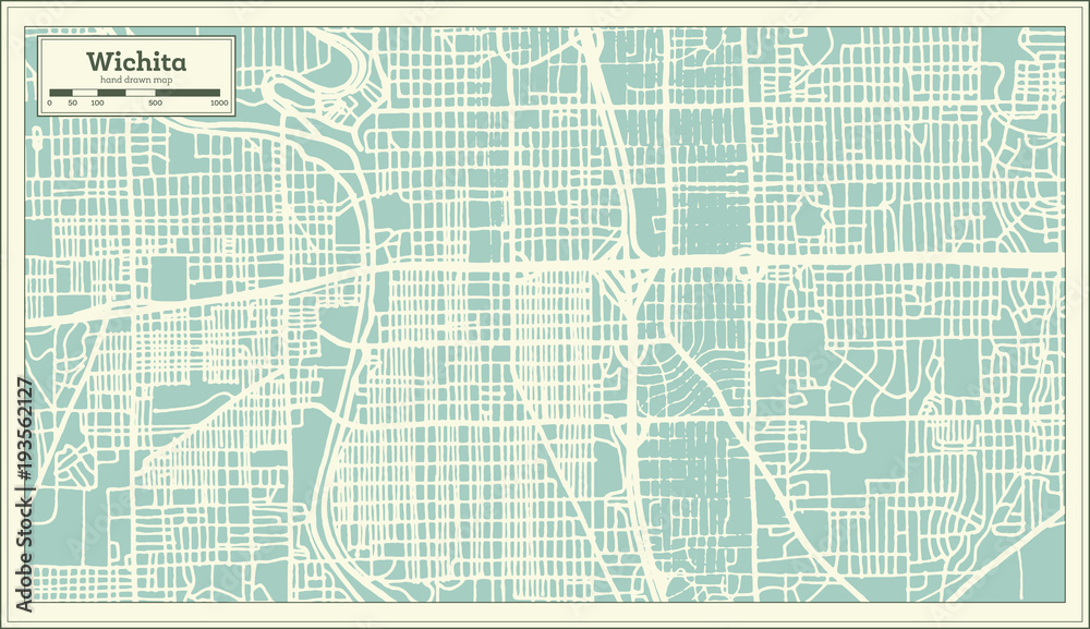 Obraz premium Mapa miasta Wichita Kansas USA w stylu retro. Mapa przeglądowa.