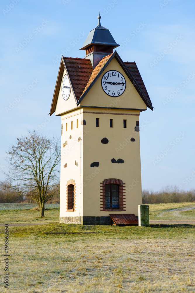 Clock Tower in one of the oldest villages in Germany - Gielsdorf (Altlandsberg). The first mention in the chronicles of 1375. Federal state of Brandundburg.