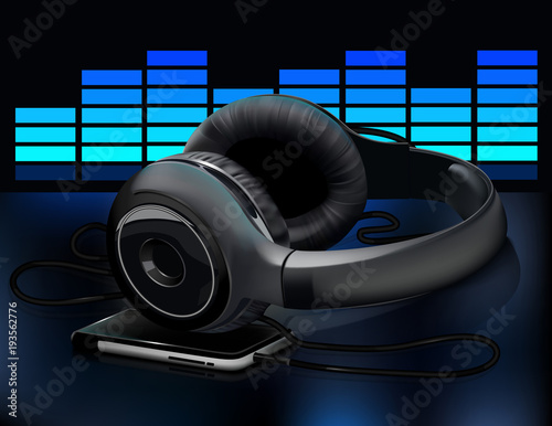 Headphones with blue sound waves. Illustration on blue background