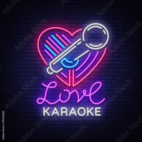 Karaoke Love logo in neon style. Neon sign, bright nightly neon advertising Karaoke. Light banner, bright night billboard. Vector illustration
