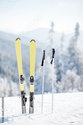 Skis with sticks on the snowy mountains with frozen forest on the background