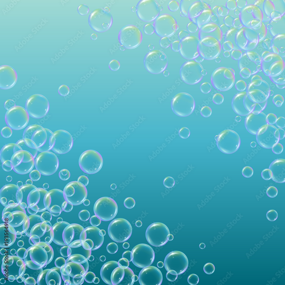 Cleaning foam on gradient background. Realistic water bubbles 3d. Cool rainbow colored liquid foam with shampoo bubbles. Cosmetic flyer and invite. Cleaning soap for bath and shower.